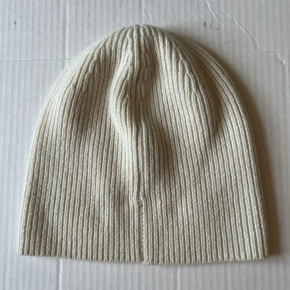 Theory 100% Cashmere Ribbed Beanie Hat Ivory One Size NWOT
